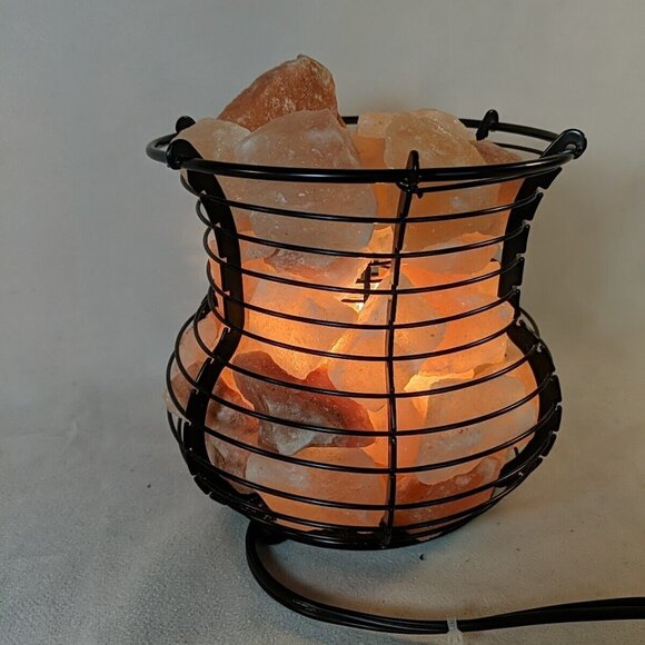 Himalayan Salt Lamp Pink Black Wire Basket Light Accent Lamp Metal Large Big - Picture 13 of 13
